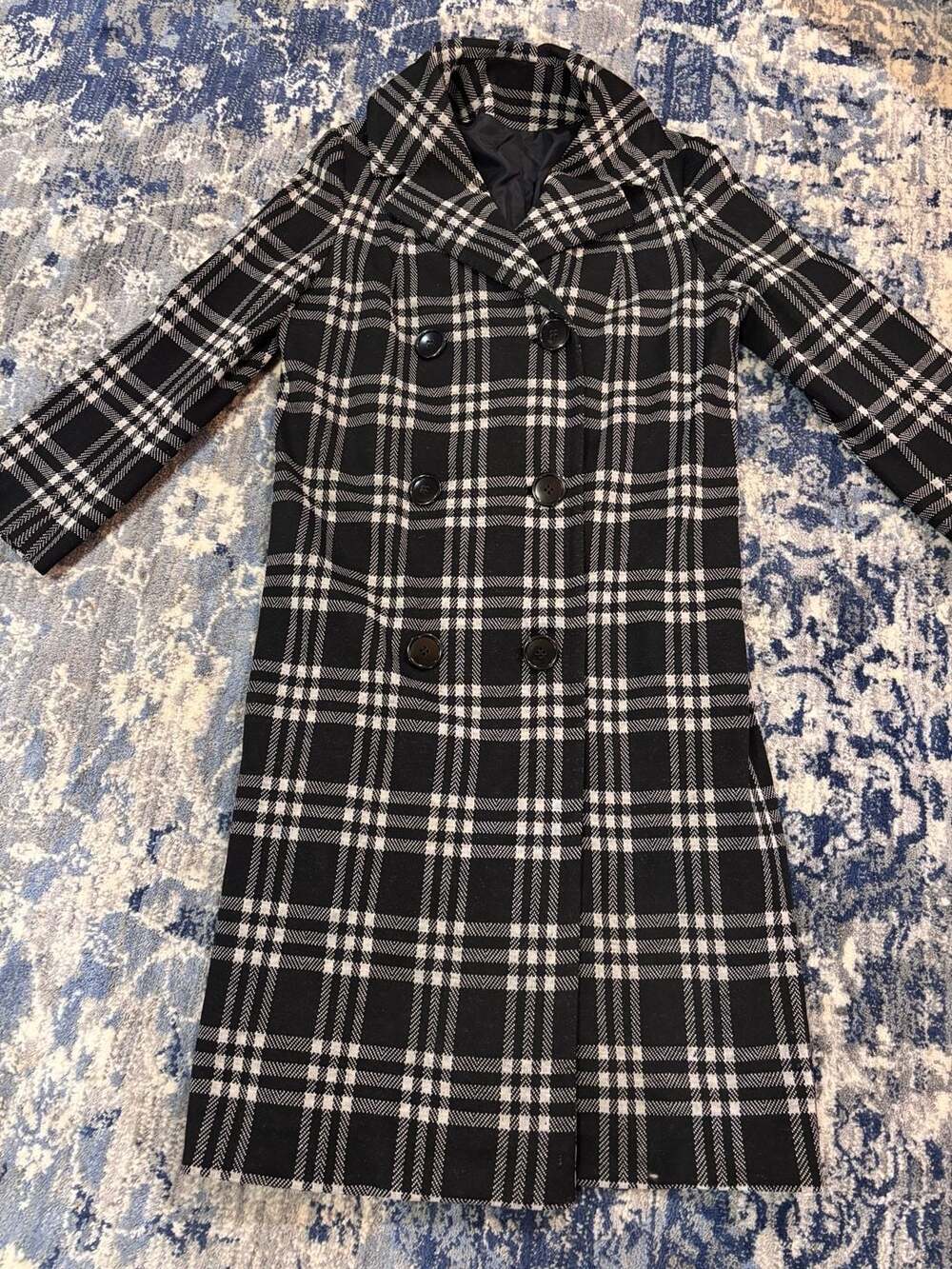 Vintage 80s 90s Black & White Plaid Long Trench Coat Double Breasted No Label M/